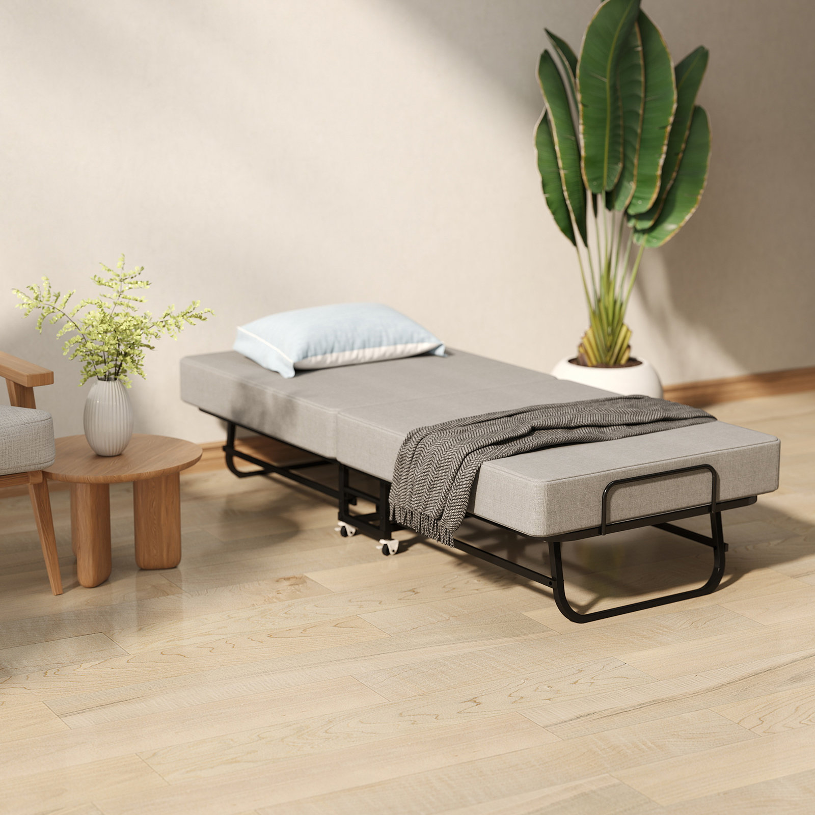 Ebern Designs Folding Bed With Mattress Portable Foldable Bed For Adults Roll Away Bed Guest Bed On Wheels Memory Foam Mattress And Metal Frame